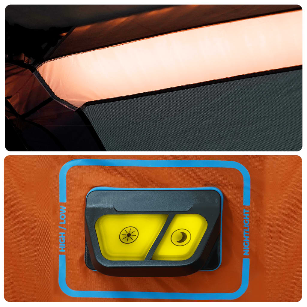 Tent 6-persoons waterdicht met LED lichtgrijs en oranje
