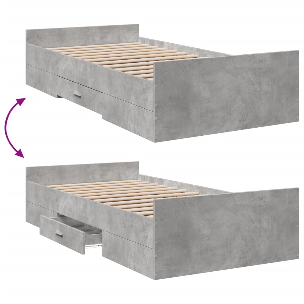 Bedframe met lades bewerkt hout betongrijs 75x190 cm