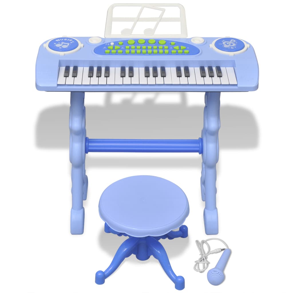 Speelgoedkeyboard met krukje/microfoon en 37 toetsen blauw
