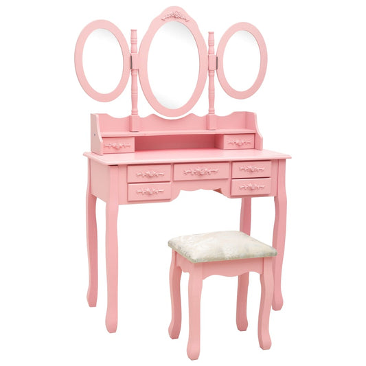 Stijlvolle roze kaptafel met kruk en prachtige drievoudige spiegel - Upgrade jouw make-up routine!