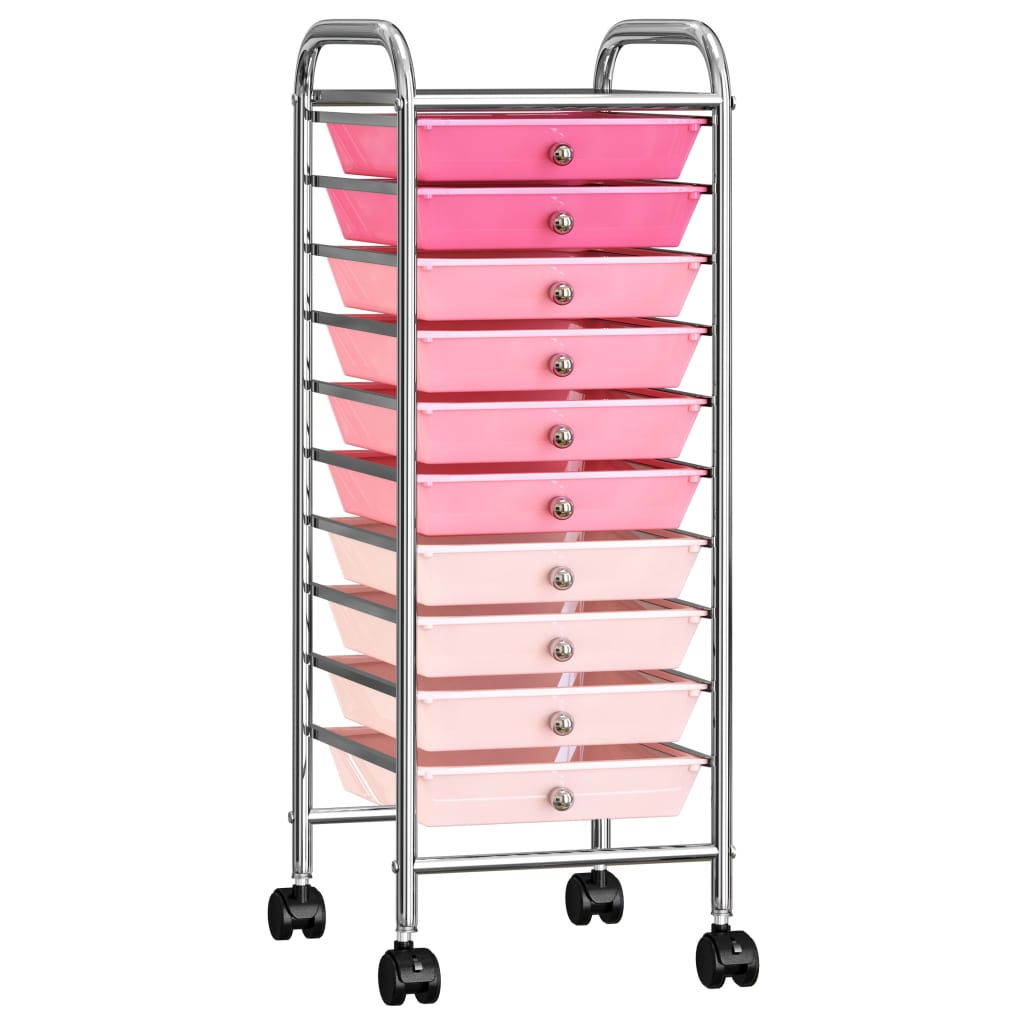 Opbergtrolley met 10 lades mobiel kunststof ombre roze