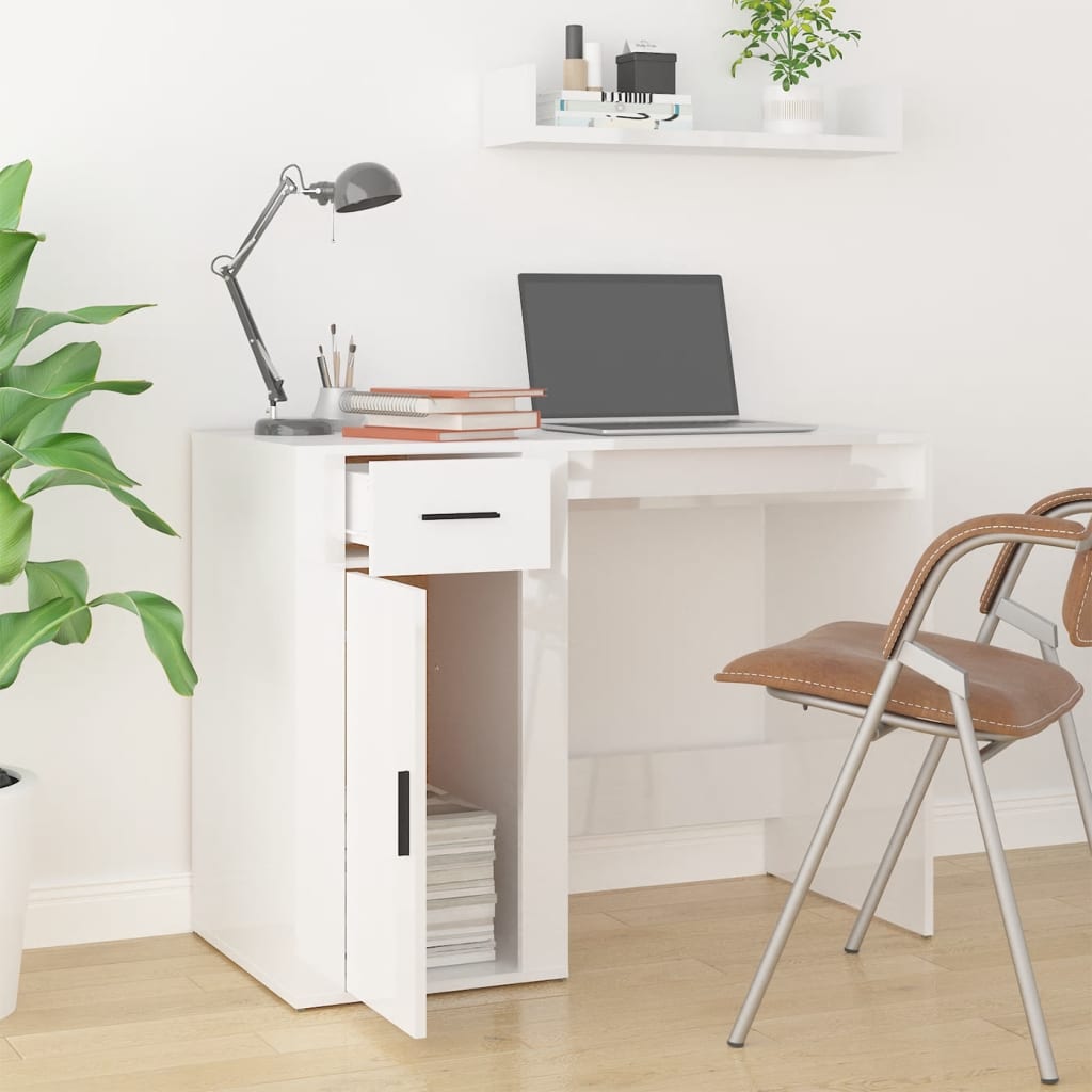 Stijlvol wit hoogglans bureau van bewerkt hout - 100x49x75 cm