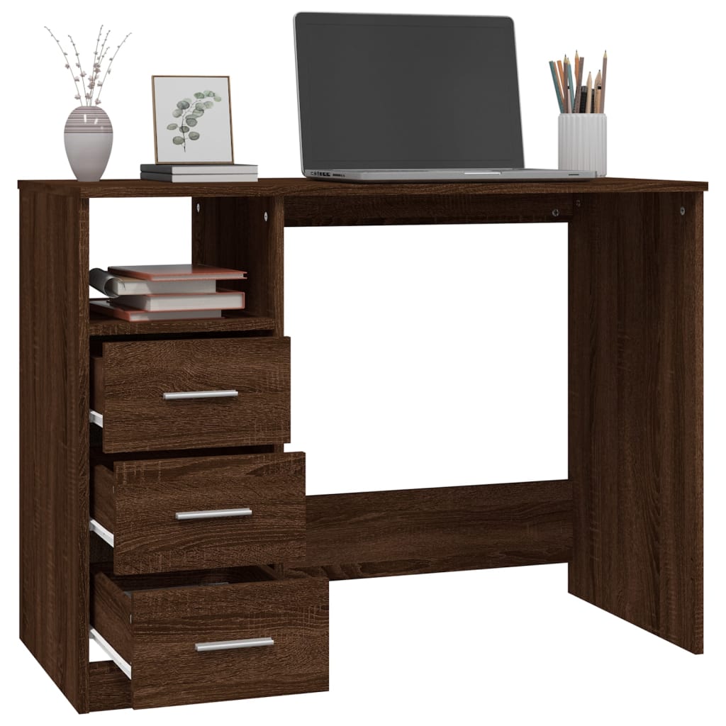 Stijlvol bureau van bewerkt hout met lades - 102x50x76 cm - bruin eiken kleur