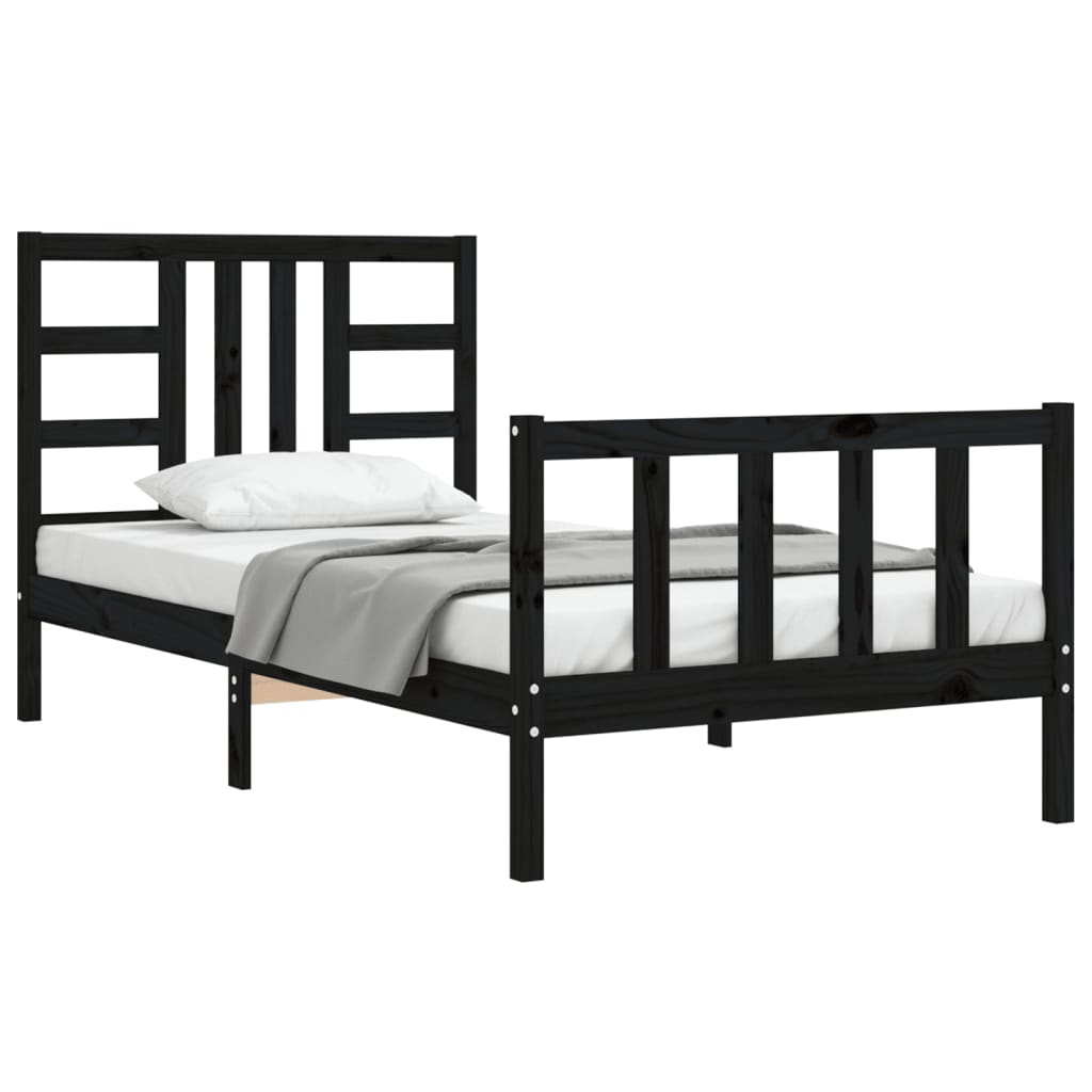 Zwart bedframe van massief hout met hoofdeinde voor eenpersoonsbed (90x190 cm)