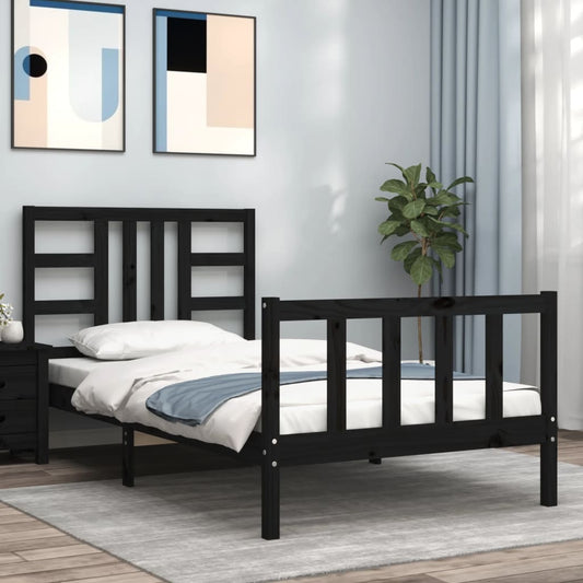 Zwart bedframe van massief hout met hoofdeinde voor eenpersoonsbed (90x190 cm)