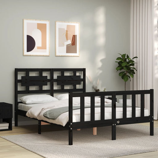 Zwart bedframe met massief houten hoofdbord - 140x190 cm - Kwalitatief slaapcomfort