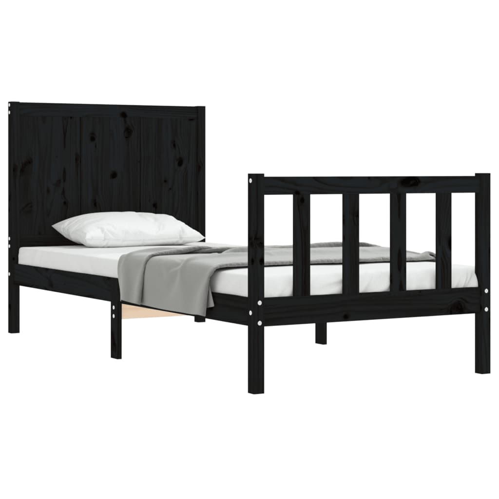 Stijlvol zwart bedframe van massief hout met hoofdbord voor een eenpersoonsbed
