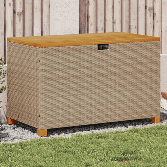 Rattan Acacia houten opbergbox voor buiten met vlechtwerkdesign, stevige vlakke top en handvat voor gebruik in de tuin.