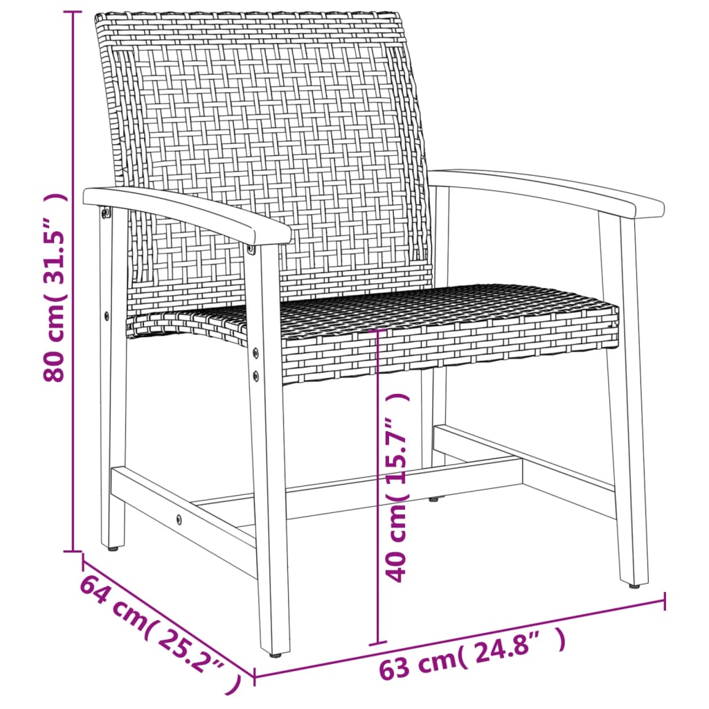 "Rattan Acacia stoel met geweven patroon, geschikt voor tuinmeubilair, met armleuningen en afmetingen 80cm hoog, 64cm breed en 63cm diep."