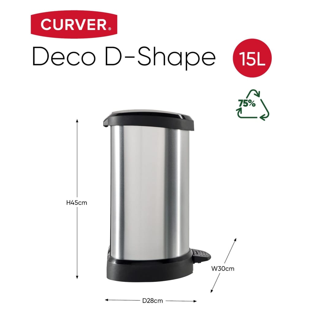 Curver Pedaalemmer Deco D-vormig 15 L zilverkleurig Prullenbakken | Creëer jouw Trendy Thuis | Gratis bezorgd & Retour | Trendy.nl