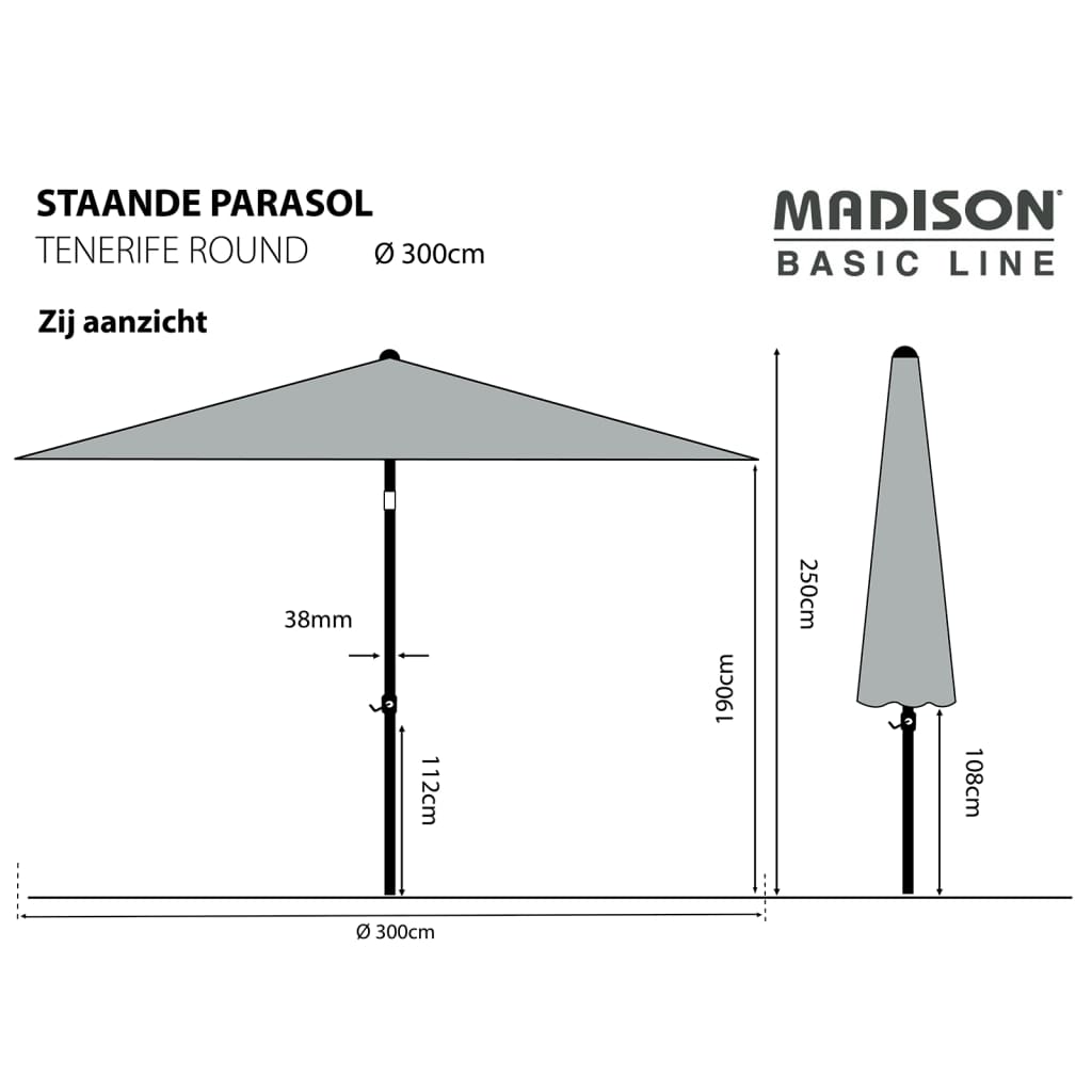 Madison Parasol Tenerife rond 300 cm grijs Parasols en zonneschermen | Creëer jouw Trendy Thuis | Gratis bezorgd & Retour | Trendy.nl