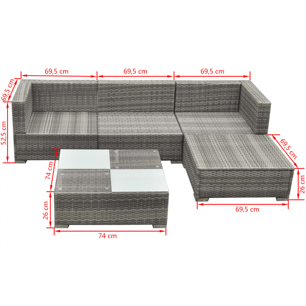 5-delige Loungeset met kussens poly rattan grijs Tuinsets | Creëer jouw Trendy Thuis | Gratis bezorgd & Retour | Trendy.nl