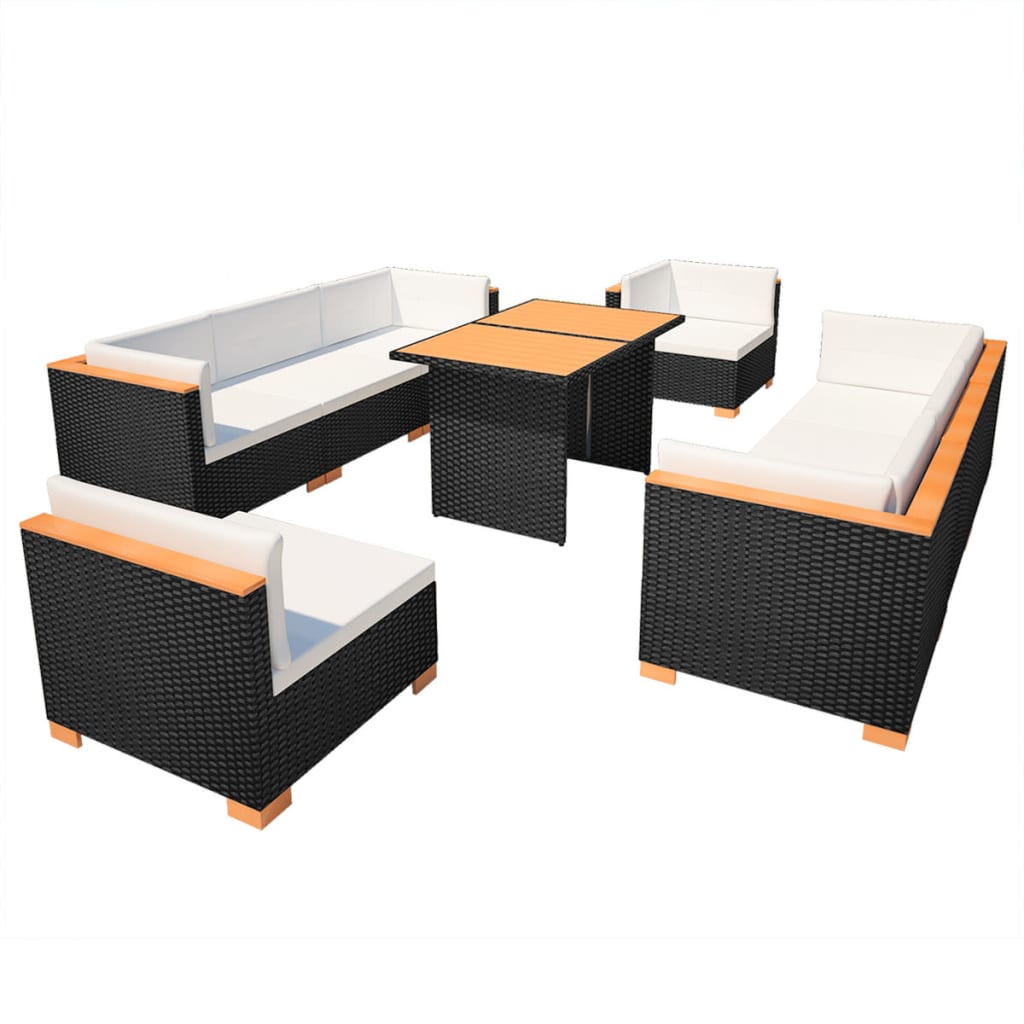 10-delige Loungeset met kussens poly rattan zwart