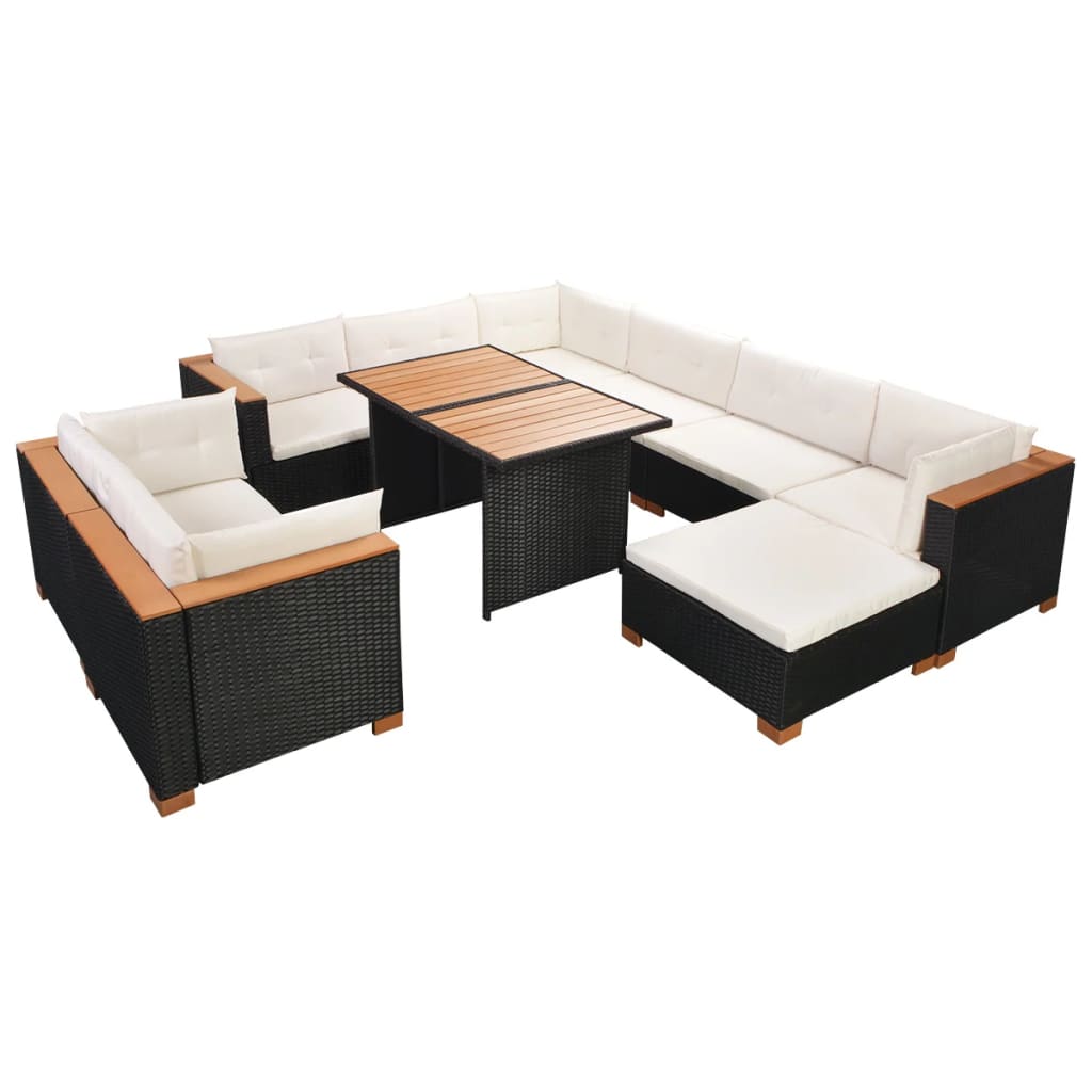 10-delige Loungeset met kussens poly rattan zwart