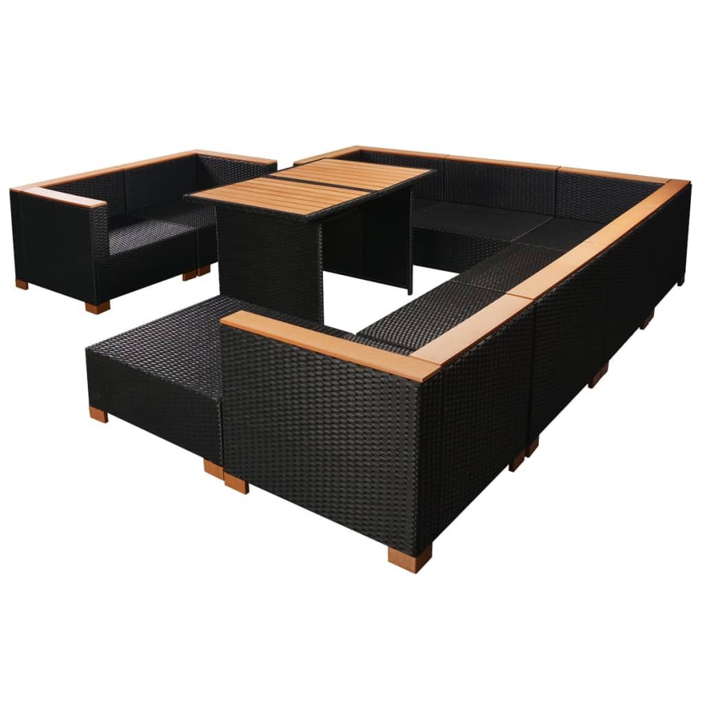 10-delige Loungeset met kussens poly rattan zwart