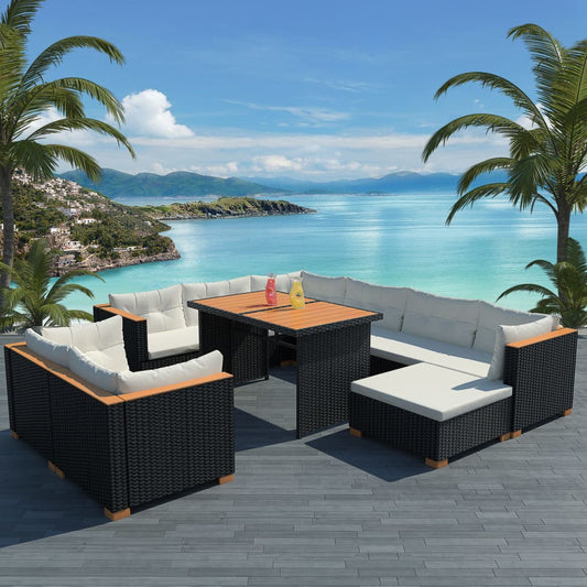 10-delige Loungeset met kussens poly rattan zwart