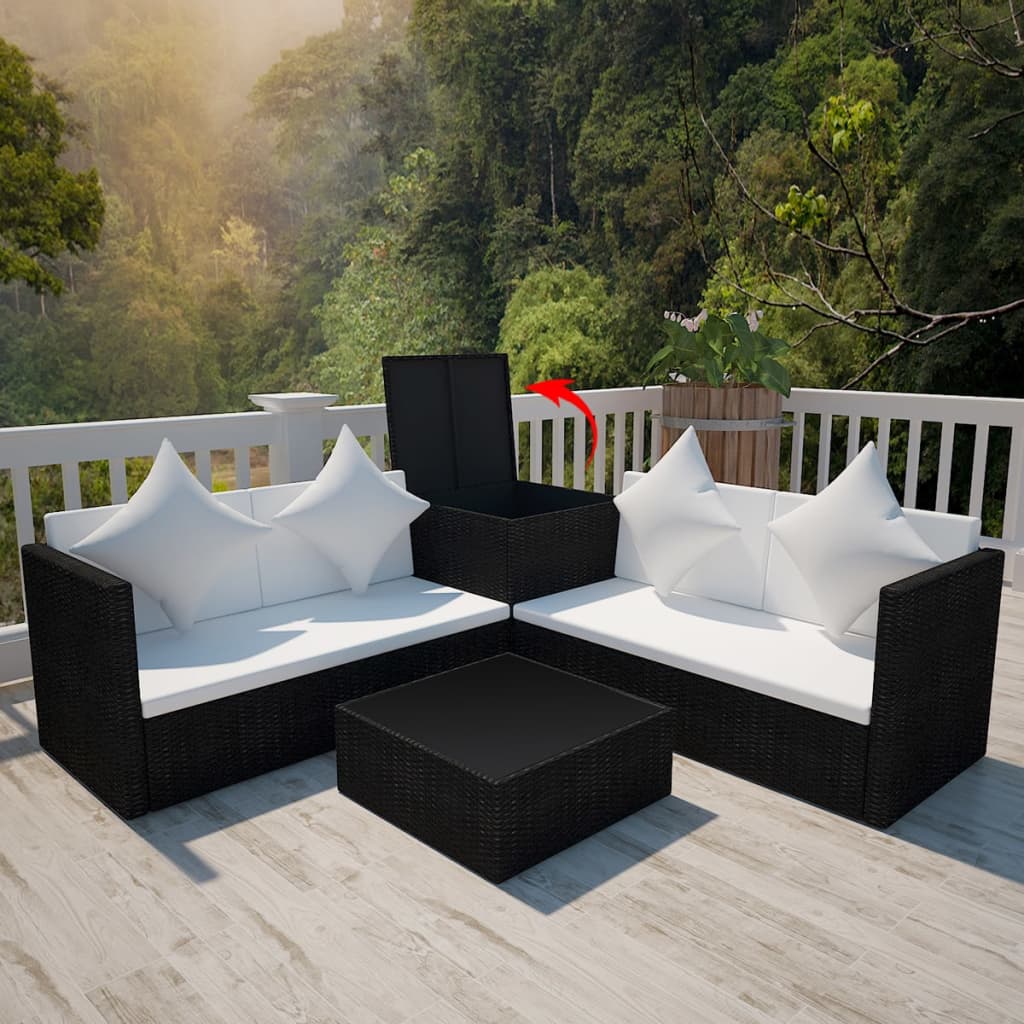 4-delige Loungeset met kussens poly rattan zwart Tuinsets | Creëer jouw Trendy Thuis | Gratis bezorgd & Retour | Trendy.nl