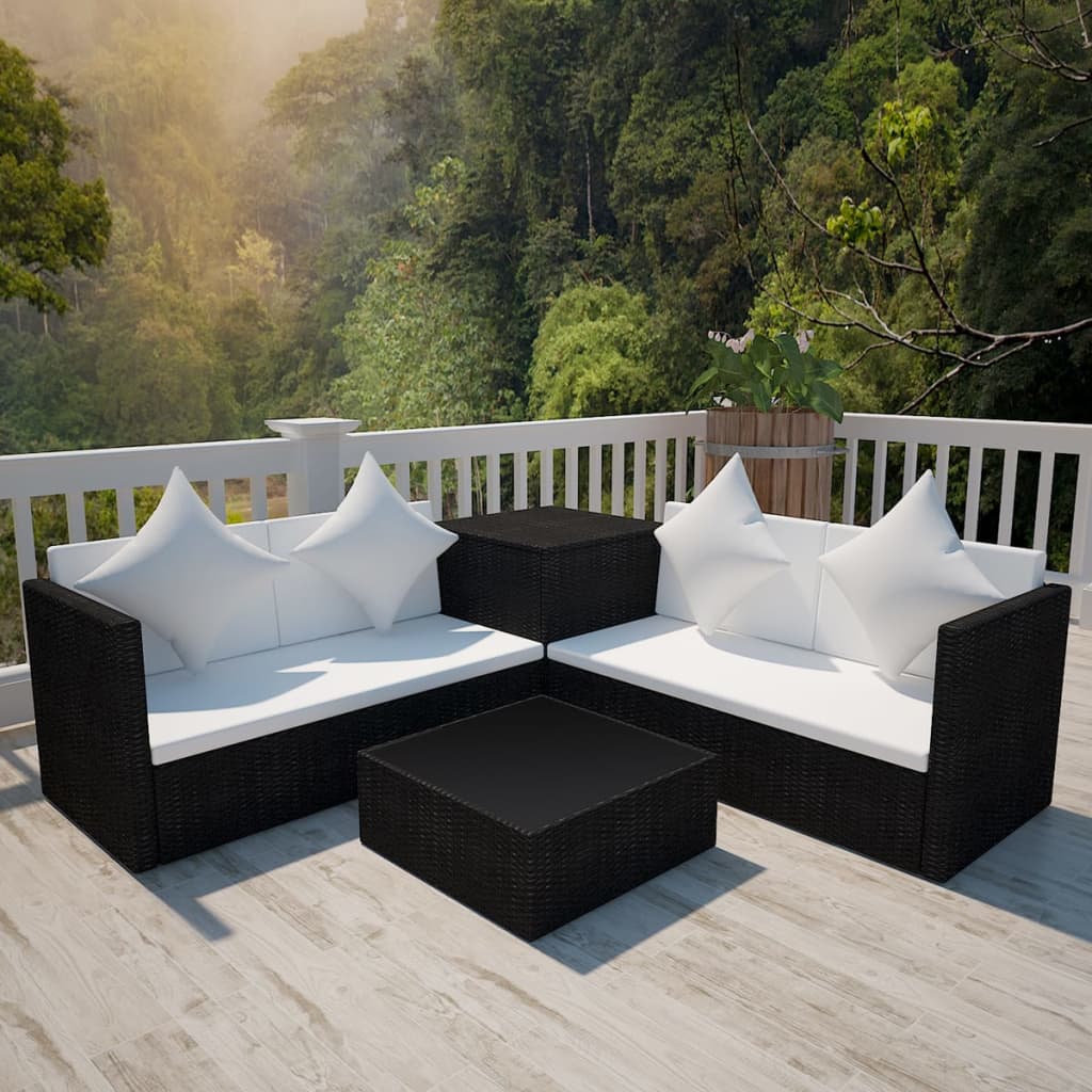 4-delige Loungeset met kussens poly rattan zwart Tuinsets | Creëer jouw Trendy Thuis | Gratis bezorgd & Retour | Trendy.nl