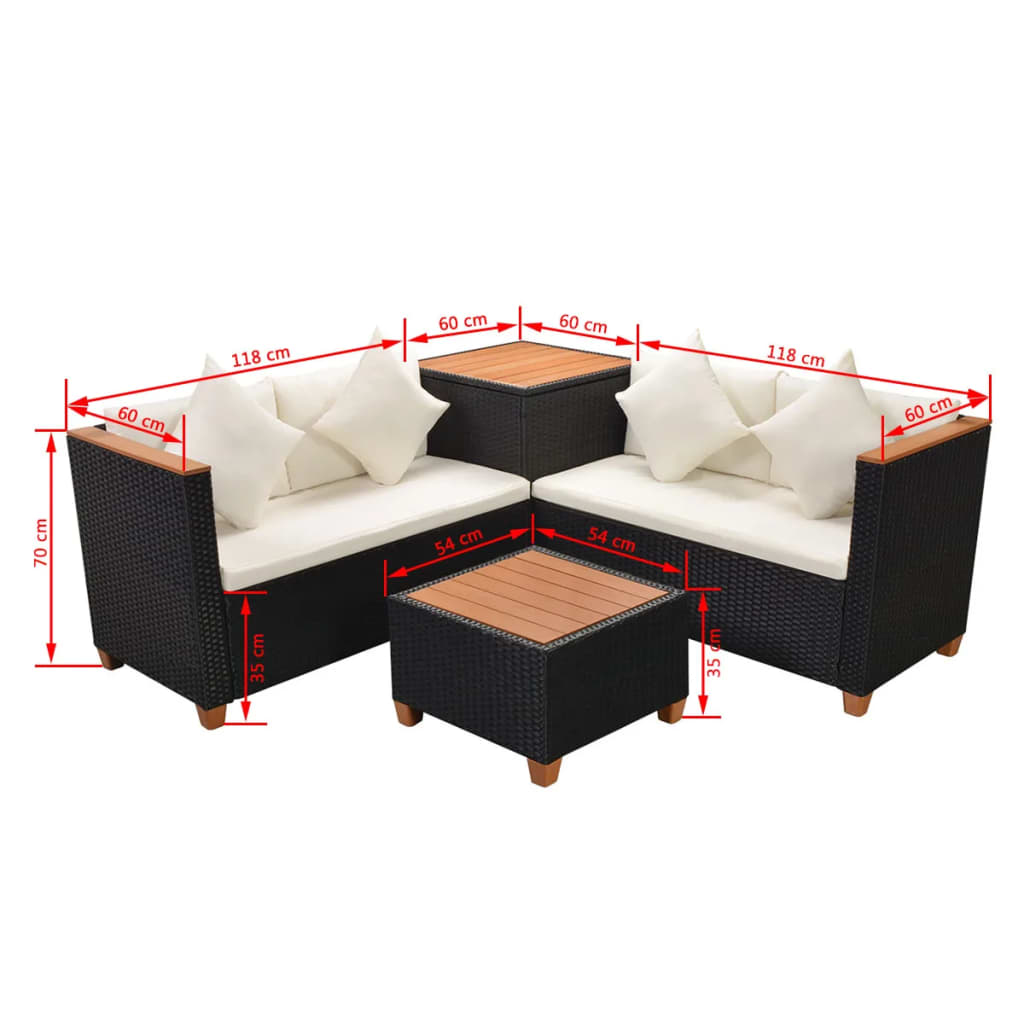 4-delige Loungeset met kussens poly rattan zwart Tuinsets | Creëer jouw Trendy Thuis | Gratis bezorgd & Retour | Trendy.nl