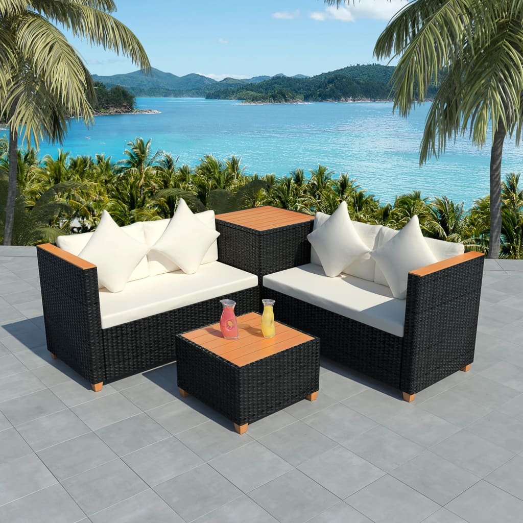 4-delige Loungeset met kussens poly rattan zwart Tuinsets | Creëer jouw Trendy Thuis | Gratis bezorgd & Retour | Trendy.nl