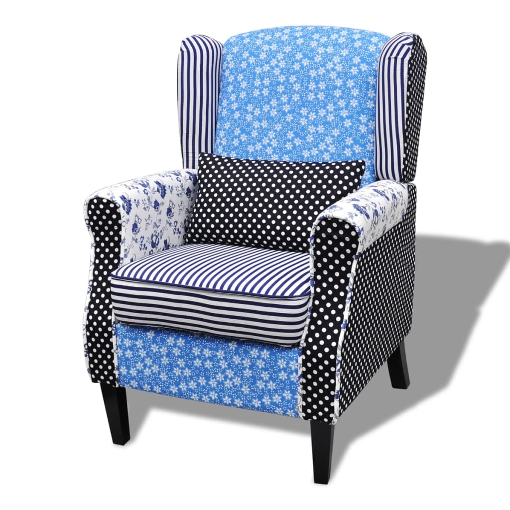 Fauteuil met patchwork stof blauw/grijs