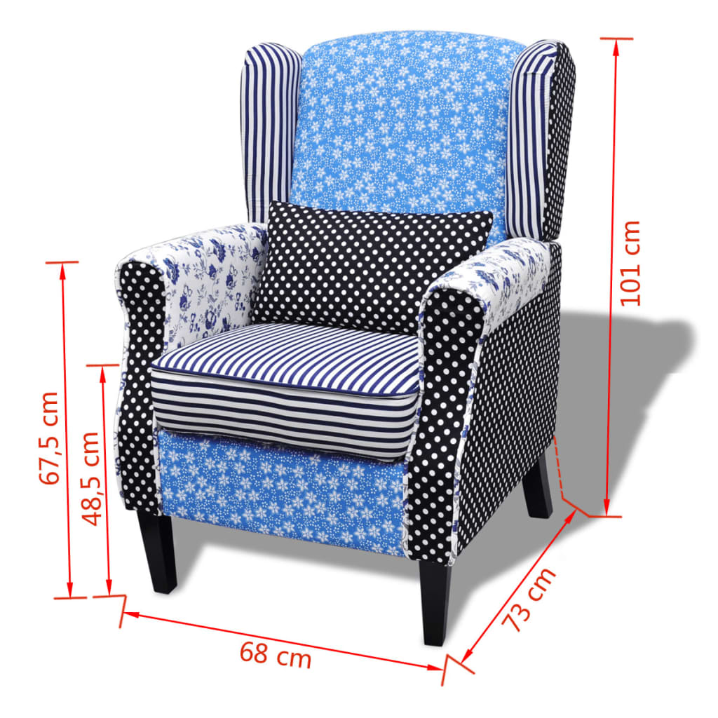 Fauteuil met patchwork stof blauw/grijs