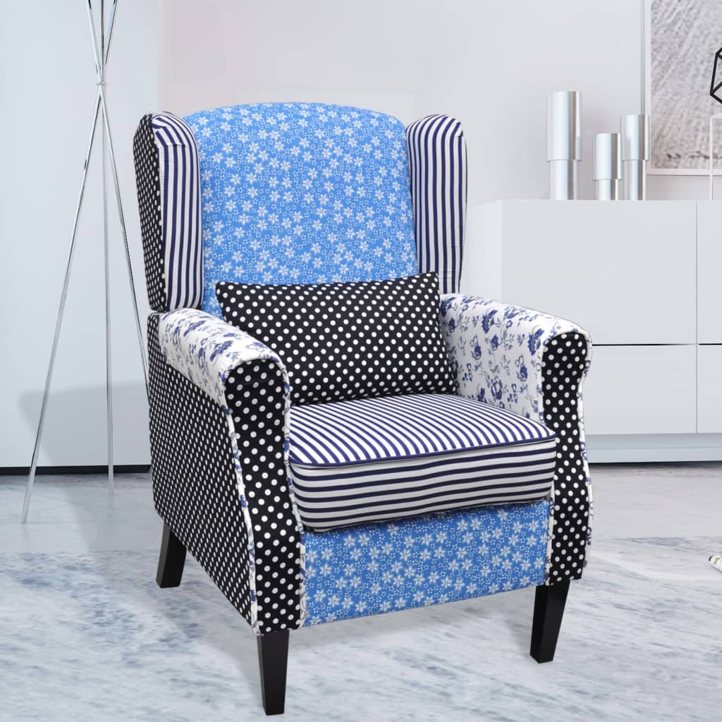 Fauteuil met patchwork stof blauw/grijs