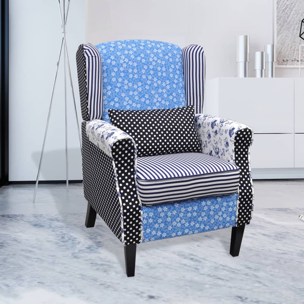 Fauteuil met patchwork stof blauw/grijs