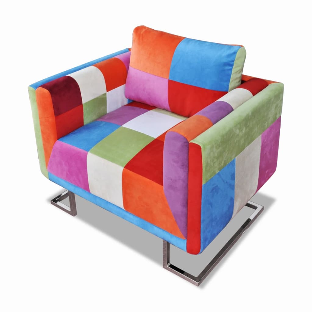 Fauteuil met patchwork ontwerp en verchroomde poten kubus stof