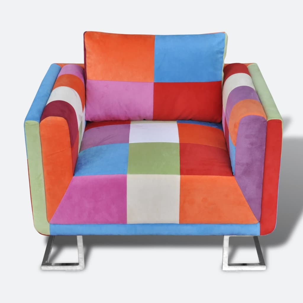 Fauteuil met patchwork ontwerp en verchroomde poten kubus stof