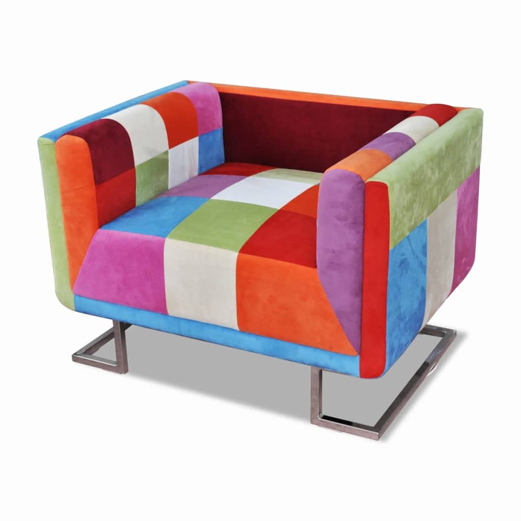 Fauteuil met patchwork ontwerp en verchroomde poten kubus stof