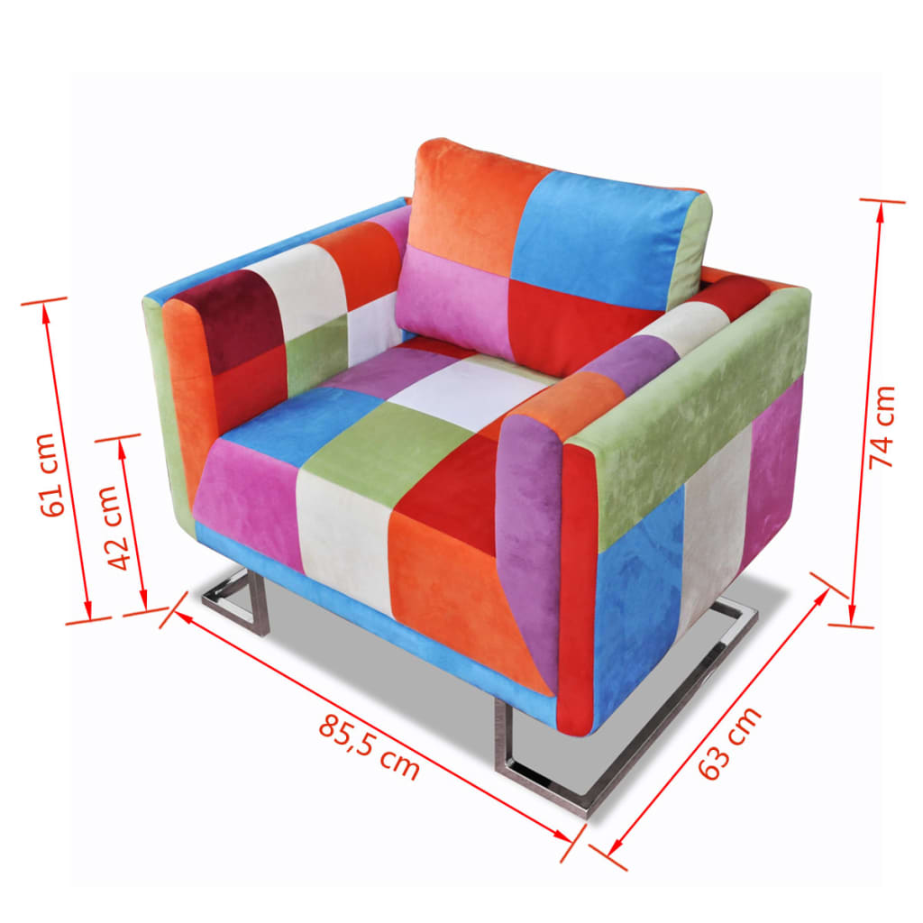 Fauteuil met patchwork ontwerp en verchroomde poten kubus stof