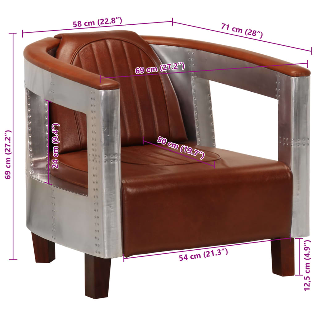 Fauteuil luchtvaartstijl echt leer bruin