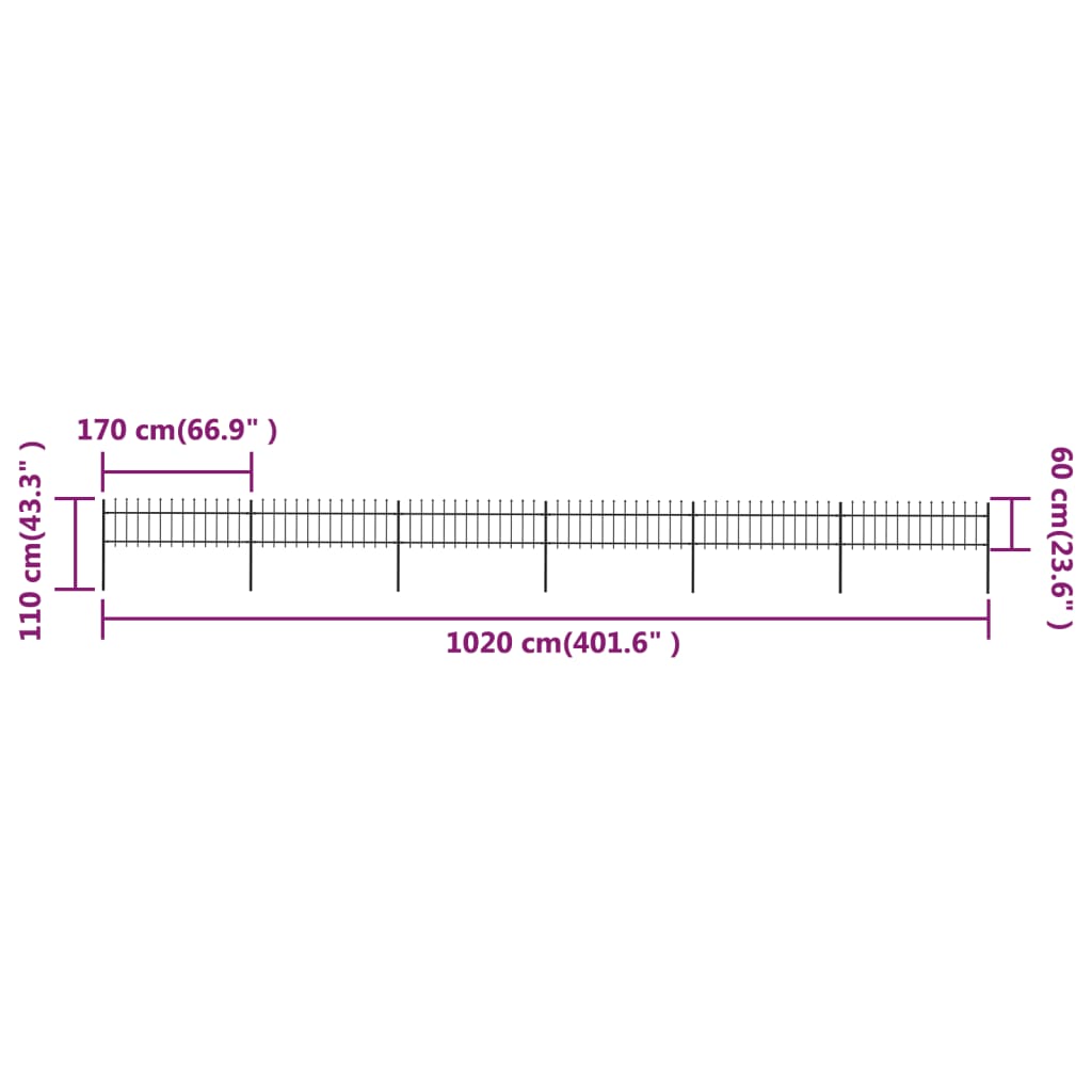 Tuinhek met speren bovenkant 10,2x0,6 m staal zwart Schuttingen & hekwerken | Creëer jouw Trendy Thuis | Gratis bezorgd & Retour | Trendy.nl