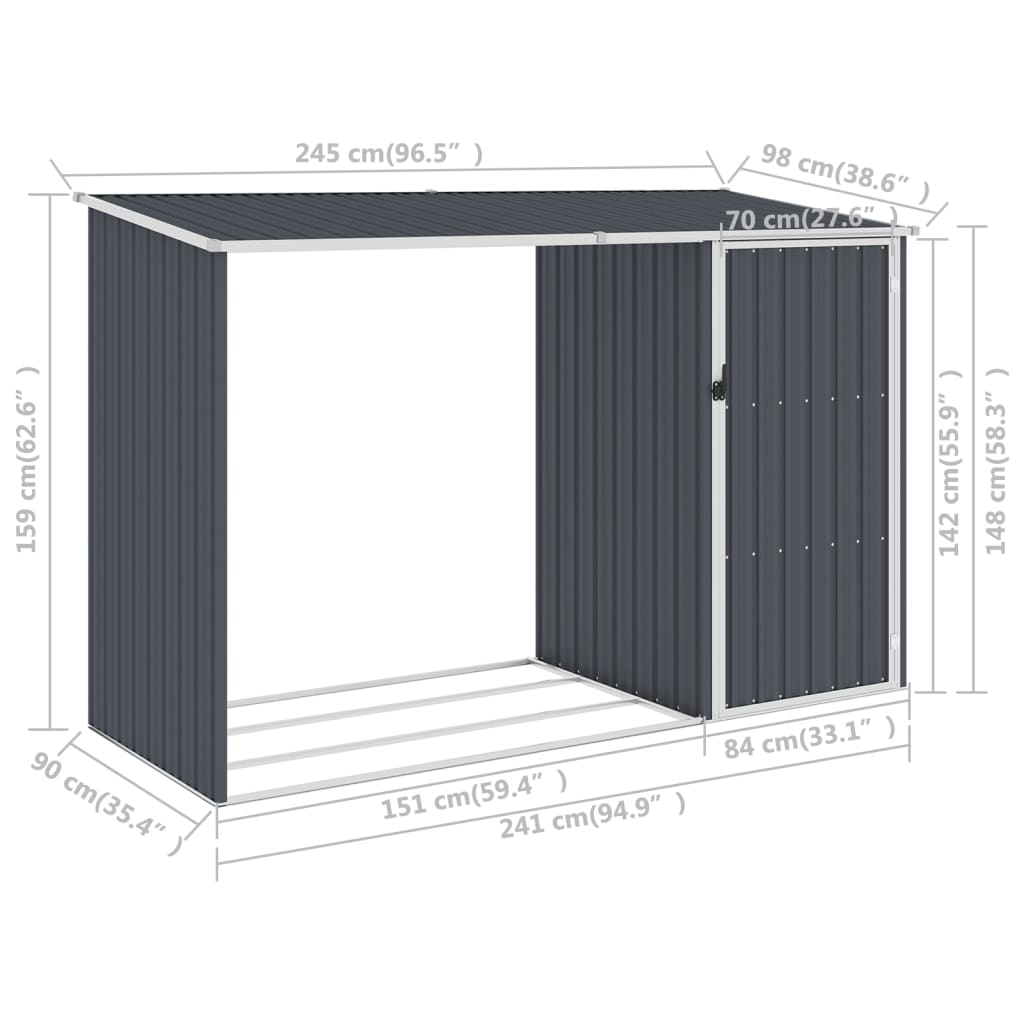 Brandhoutschuur 245x98x159 cm gegalvaniseerd staal antraciet