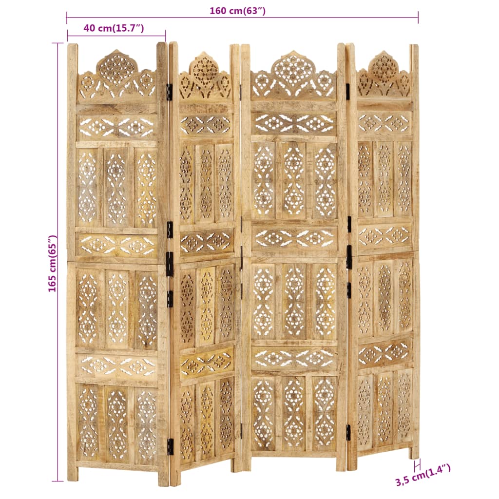 Kamerscherm 4 panelen handgesneden 160x165 cm massief mangohout Kamerschermen | Creëer jouw Trendy Thuis | Gratis bezorgd & Retour | Trendy.nl