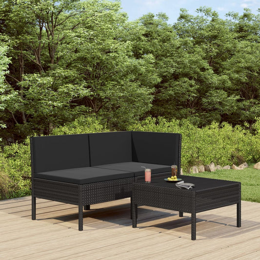 3-delige Loungeset met kussens poly rattan zwart