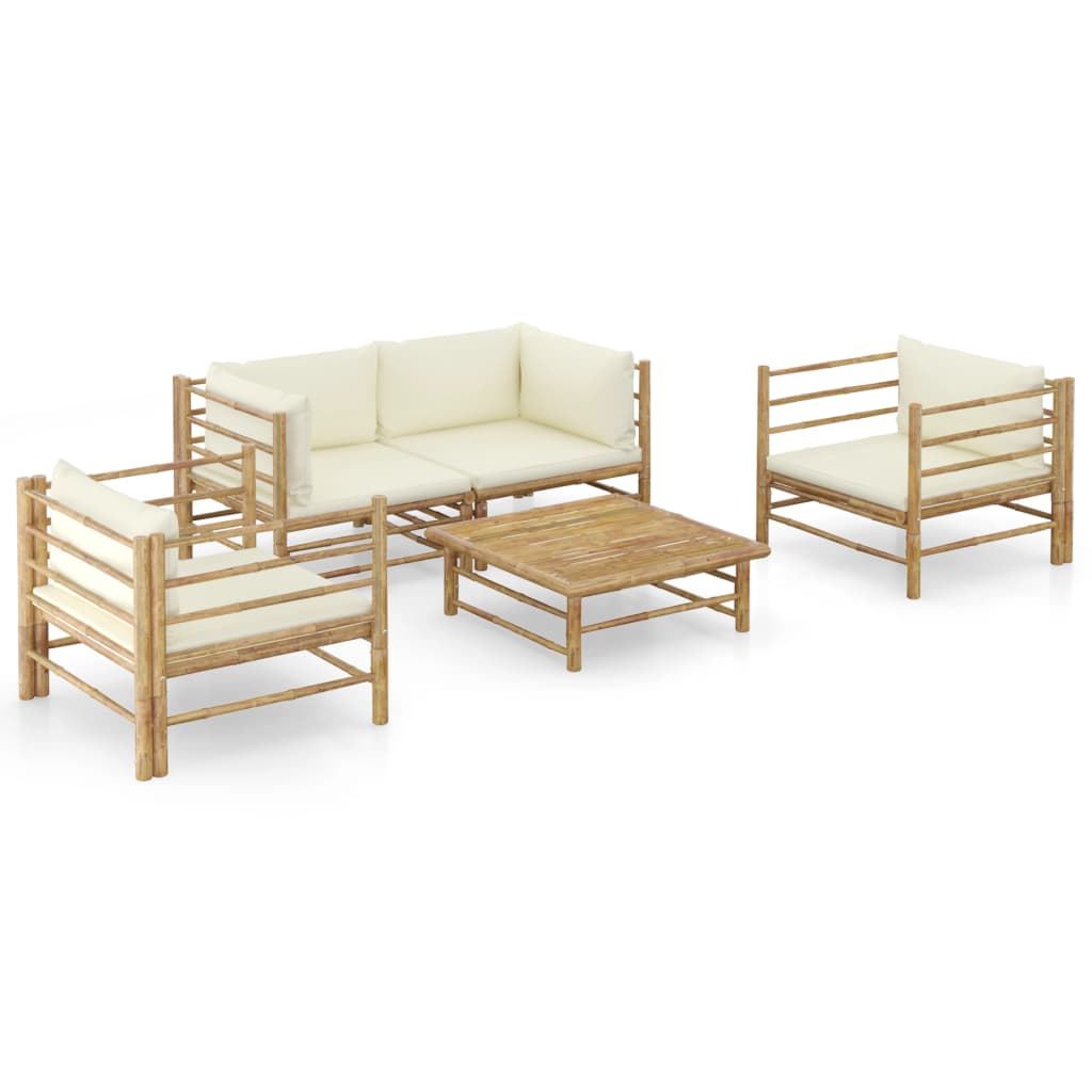 5-delige Loungeset met crèmewitte kussens bamboe Tuinsets | Creëer jouw Trendy Thuis | Gratis bezorgd & Retour | Trendy.nl