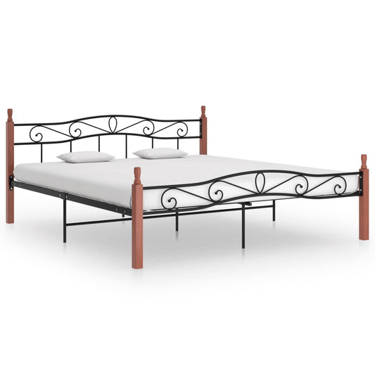 Bedframe metaal en massief eikenhout zwart 200x200 cm