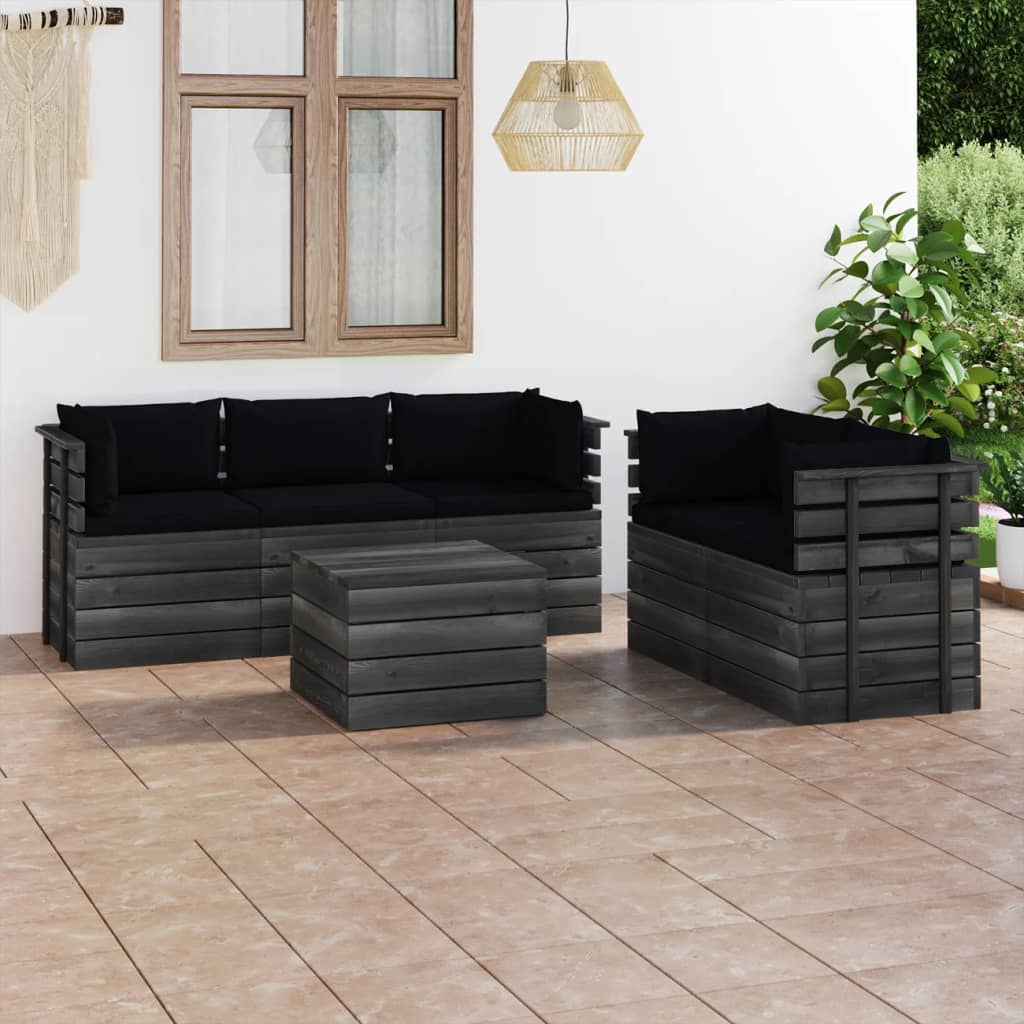 6-delige Loungeset met kussens pallet massief grenenhout