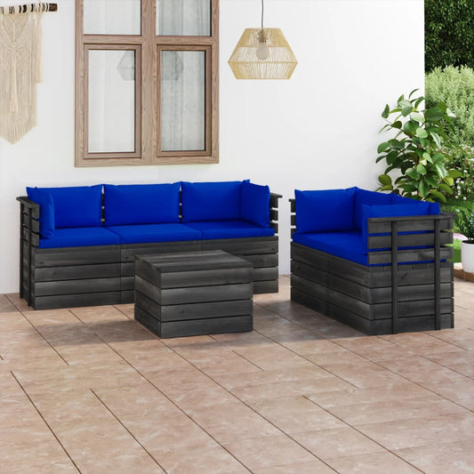 6-delige Loungeset met kussens pallet massief grenenhout