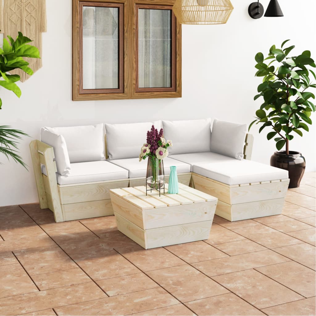 5-delige Loungeset met kussens pallet vurenhout Tuinsets | Creëer jouw Trendy Thuis | Gratis bezorgd & Retour | Trendy.nl