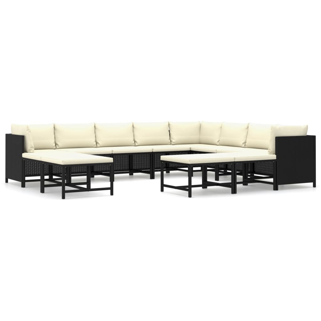 12-delige Loungeset met kussens poly rattan zwart