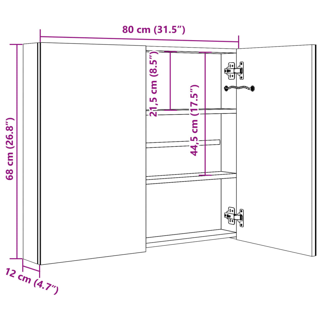 Badkamerkast met spiegel en LED 80x12x68 cm glanzend zwart