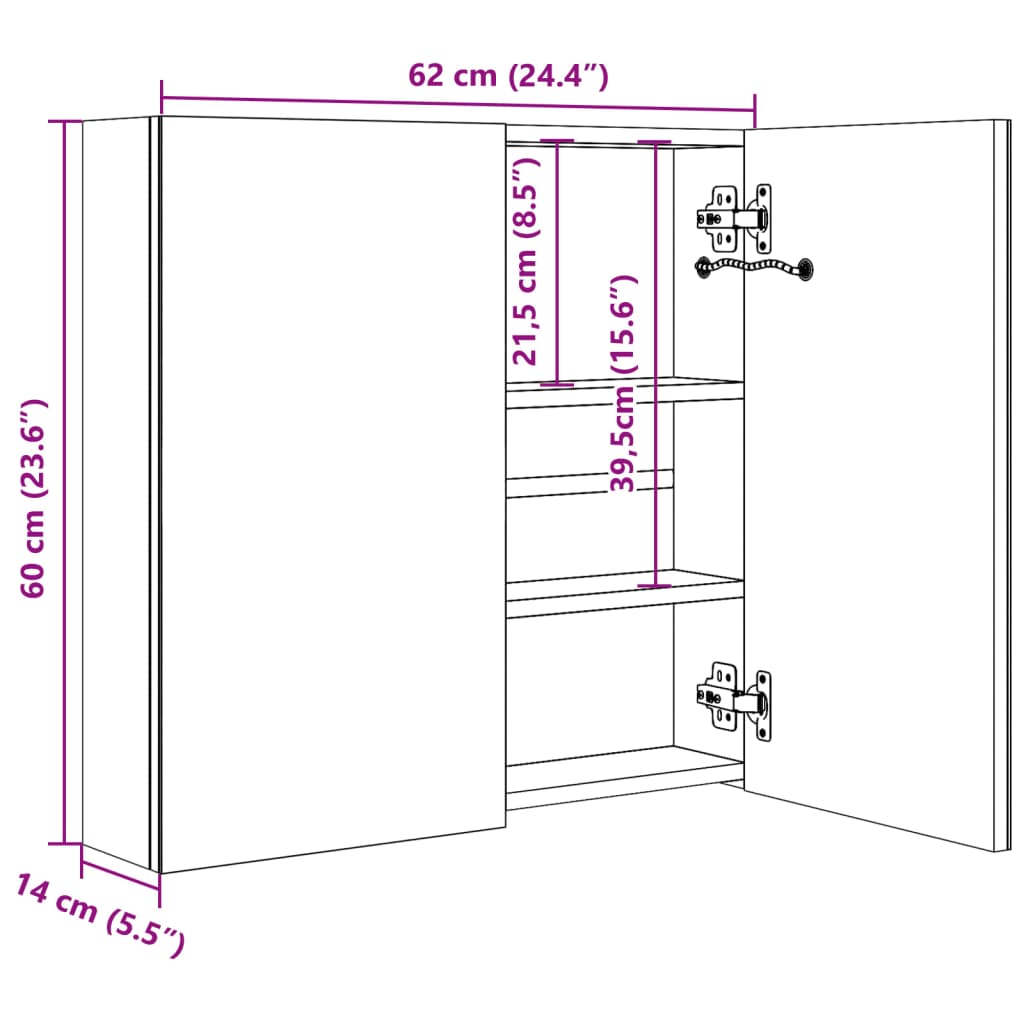 Badkamerkast met spiegel en LED 62x14x60 cm glanzend zwart