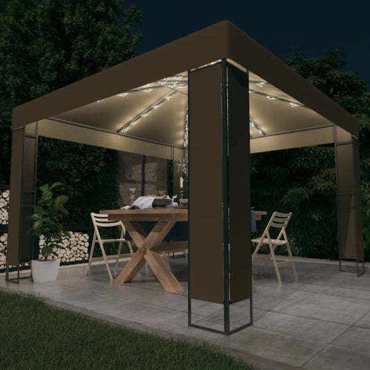 Prieel met dubbel dak en LED-lichtslinger 3x3x2,7 m taupe