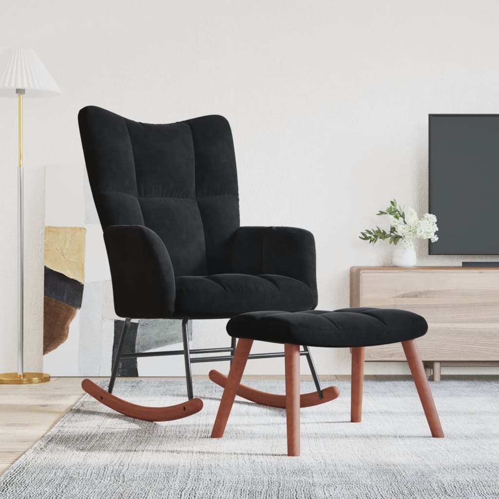 Schommelstoel met voetenbank fluweel zwart Schommelstoelen | Creëer jouw Trendy Thuis | Gratis bezorgd & Retour | Trendy.nl