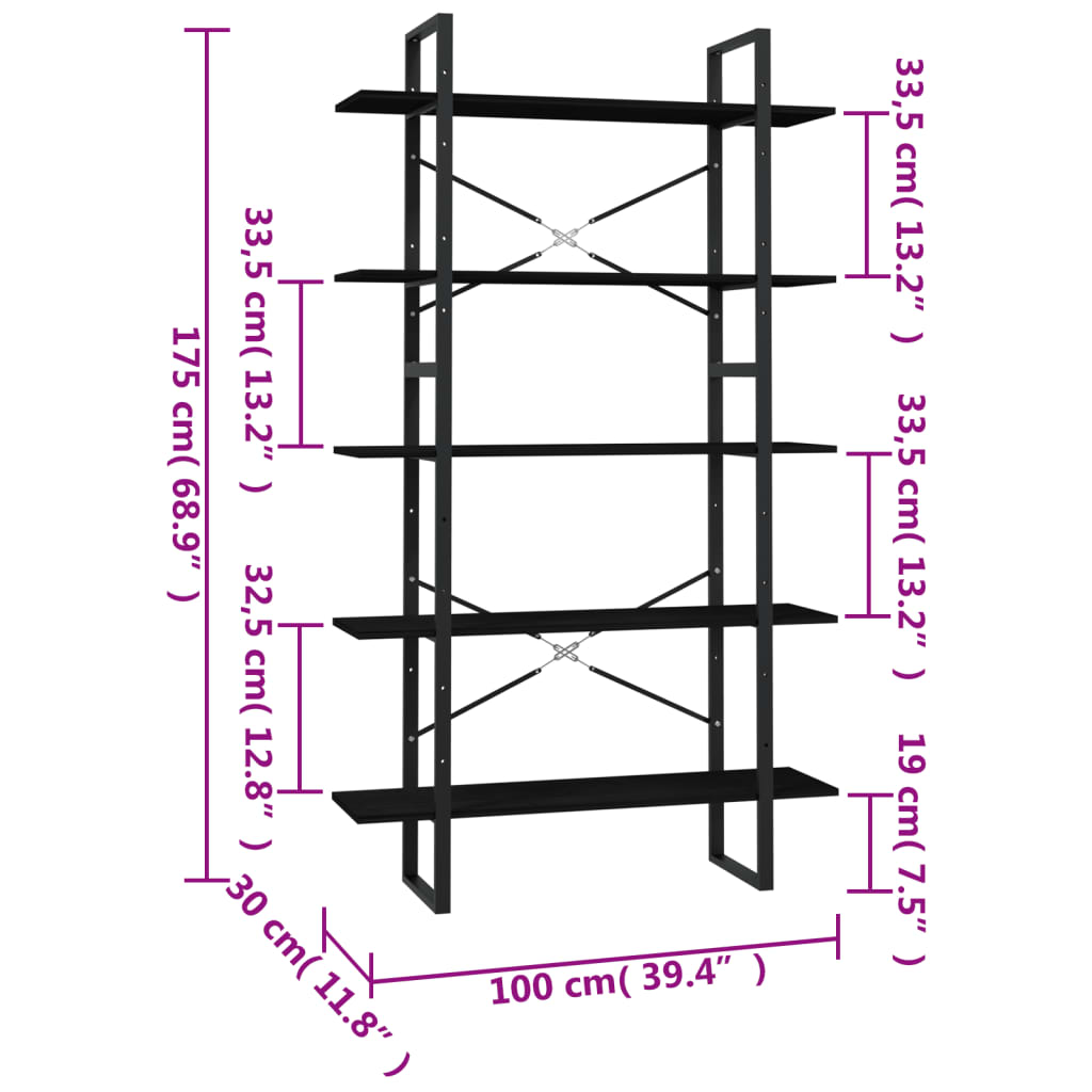 Boekenkast met 5 schappen 100x30x175 cm grenenhout zwart Boekenkasten | Creëer jouw Trendy Thuis | Gratis bezorgd & Retour | Trendy.nl