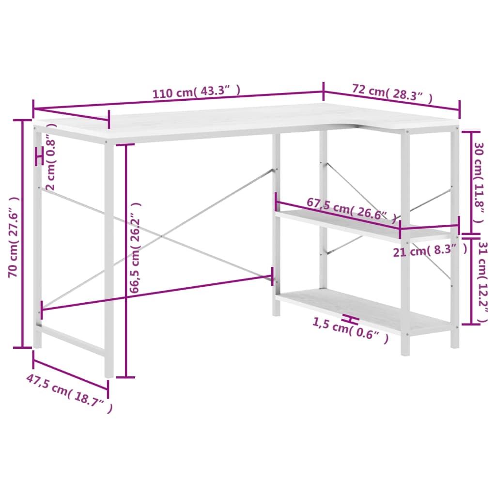 Computerbureau 110x72x70 cm bewerkt hout wit