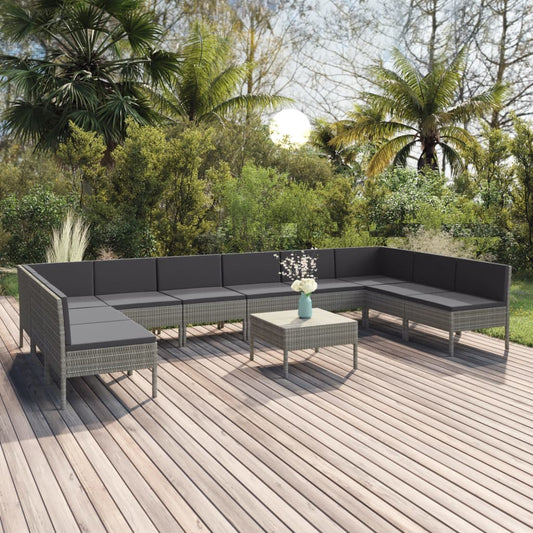 11-delige Loungeset met kussens poly rattan grijs Tuinsets | Creëer jouw Trendy Thuis | Gratis bezorgd & Retour | Trendy.nl